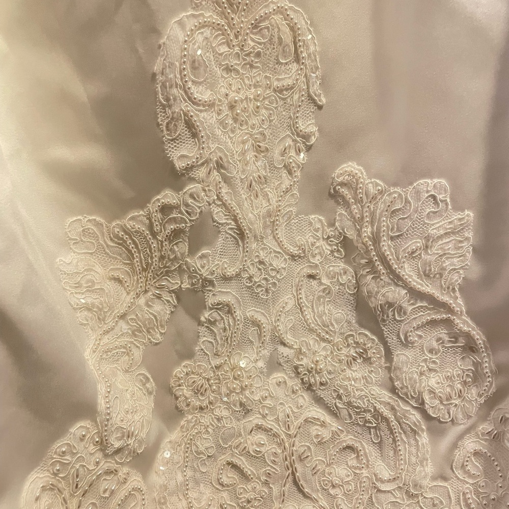 Ivory Lace Appliqué Satin Wedding Gown - Picture 2 of 16